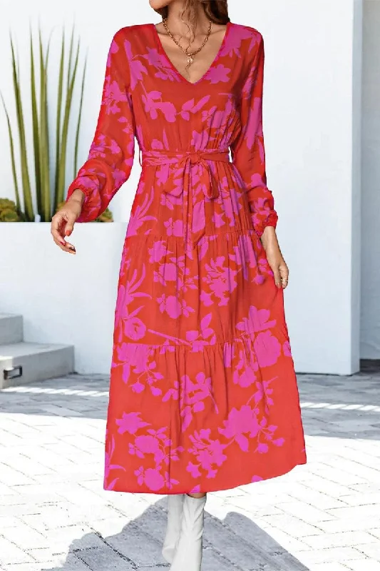 ladies-floral-dress-plum-poise-LOOSE FIT DEEP V NECK WOMEN FLORAL DRESS