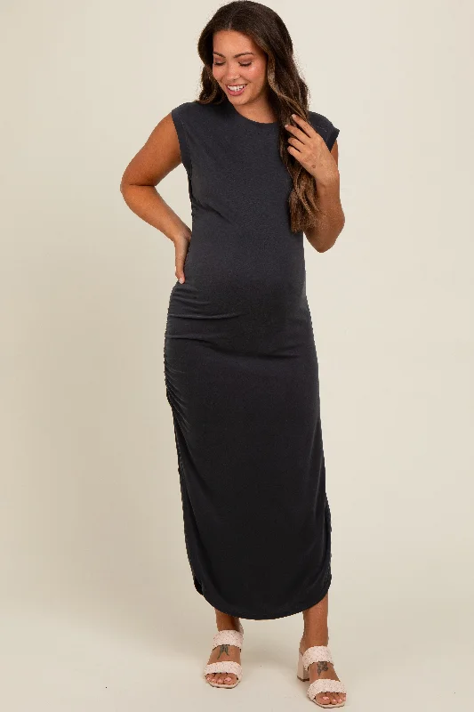 Women's midi dress blush flair -Black Ruched Side Slit Maternity Midi Dress