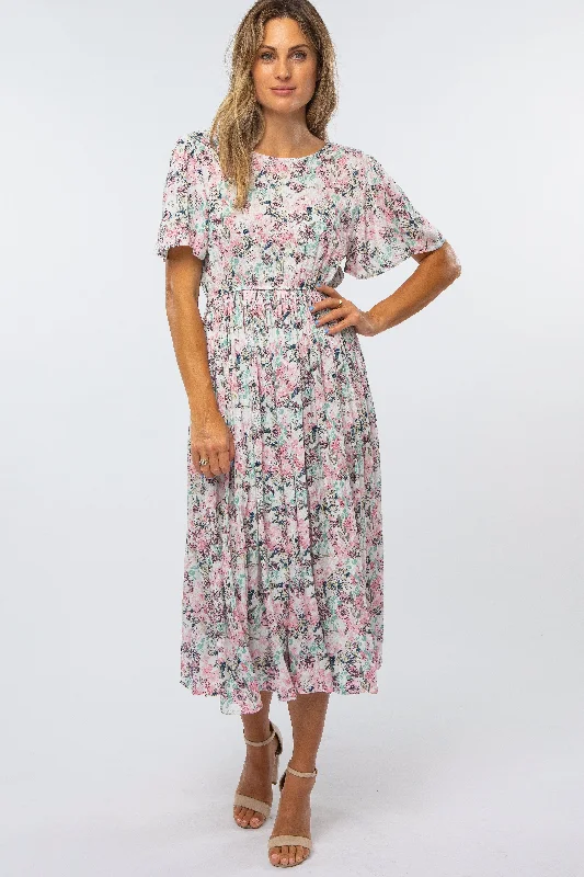 Women's midi dress fam pop -Pink Floral Pleated Midi Dress