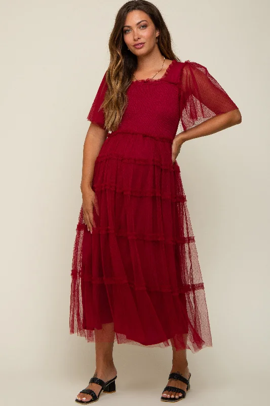 Women's floral dress muse glow -Burgundy Ruffled Mesh Maternity Maxi Dress