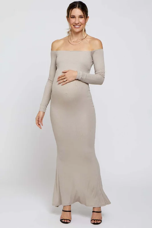 Women's floral dress now bloom -Taupe Ribbed Off Shoulder Long Sleeve Maternity Maxi Dress