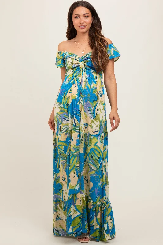 Women's floral dress bend bloom -Blue Floral Smocked Off Shoulder Maternity Maxi Dress