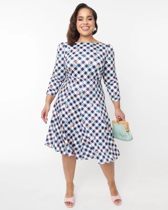 ladies-floral-dress-slim-sprig-Unique Vintage Plus Size Navy & White Floral Gingham Swing Dress | Blue