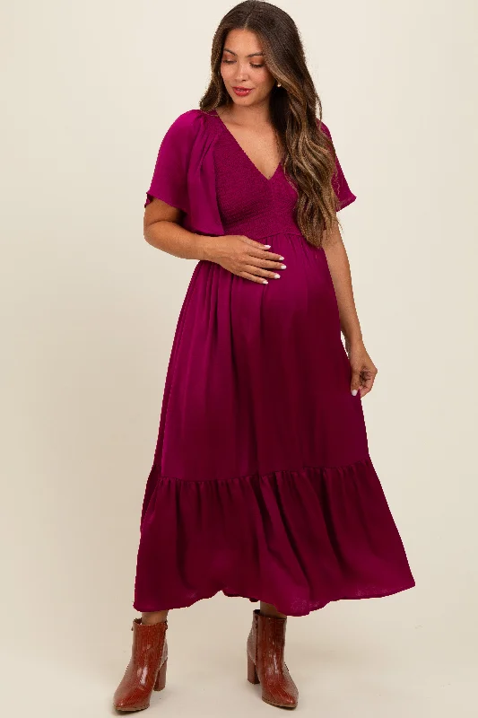 Women's midi dress vine chic -Deep Red Satin Smocked Maternity Midi Dress