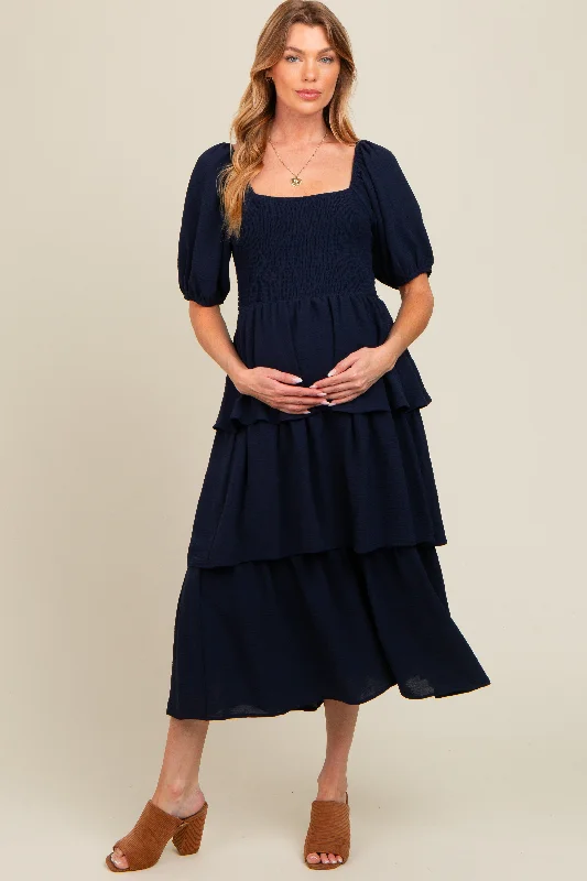 Women's midi dress pale chic -Navy Smocked Body Ruffled Tiered Maternity Midi Dress