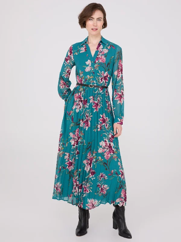 ladies-floral-dress-social-silk-Floral Print Belted Chiffon Dress