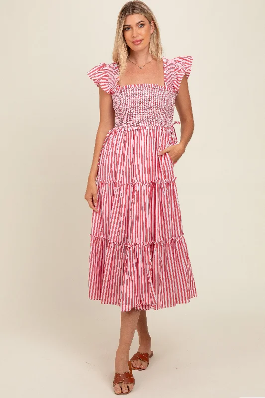 Women's midi dress sun glow -Red Striped Smocked Ruffle Tiered Midi Dress