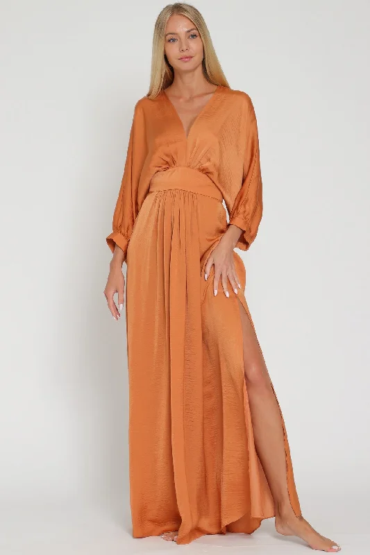 Women's floral dress full bloom -Rust Long Dolman Sleeve Tie Back Waisted Maxi Dress