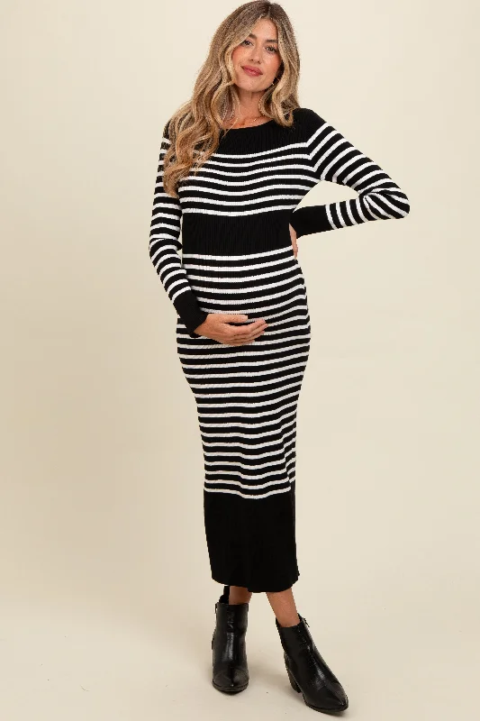 Women's midi dress talk pop -Black Striped Maternity Midi Sweater Dress