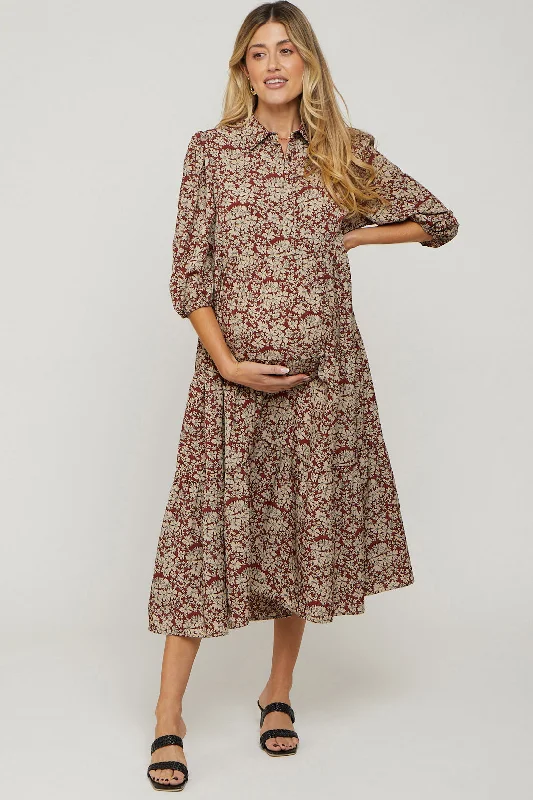 Women's floral dress web chic -Burgundy Floral Collared Tiered Maternity Maxi Dress