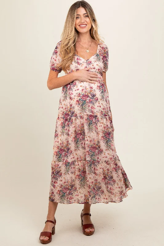 Women's floral dress loop bloom -Cream Floral Chiffon Maternity Maxi Dress