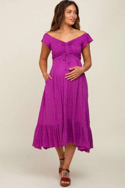 Women's floral dress gloss pop -Magenta Smocked Ruched Ruffle Hem Maternity Maxi Dress