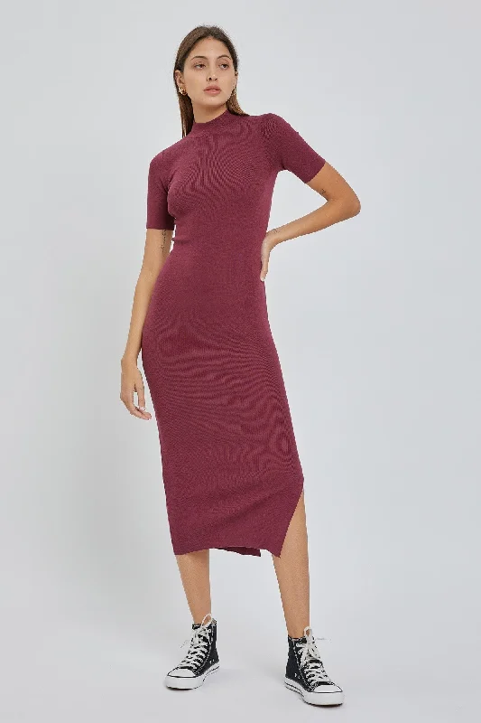 Women's midi dress lone glow -Burgundy Knit Fitted Mock Neck Midi Dress