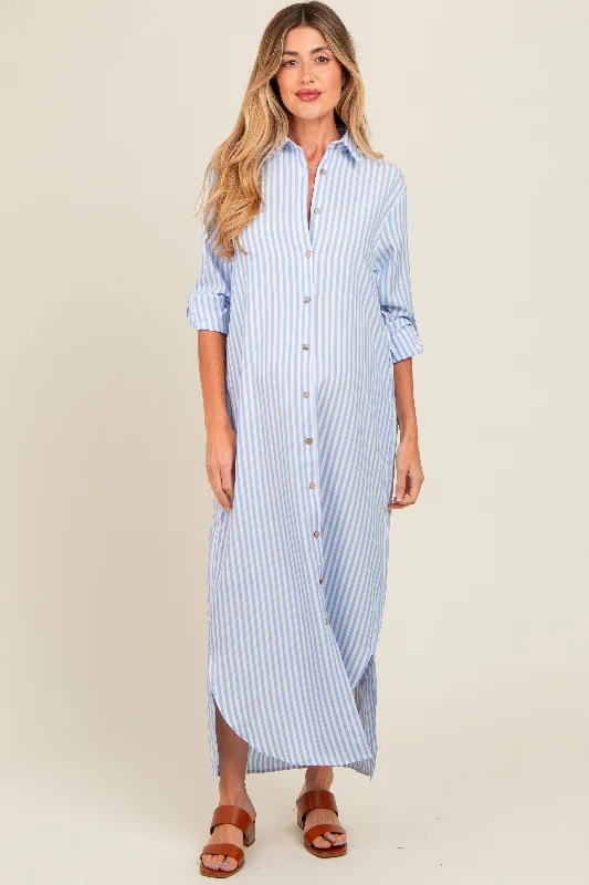 Women's floral dress now chic -Light Blue Striped Button Down Maternity Maxi Dress