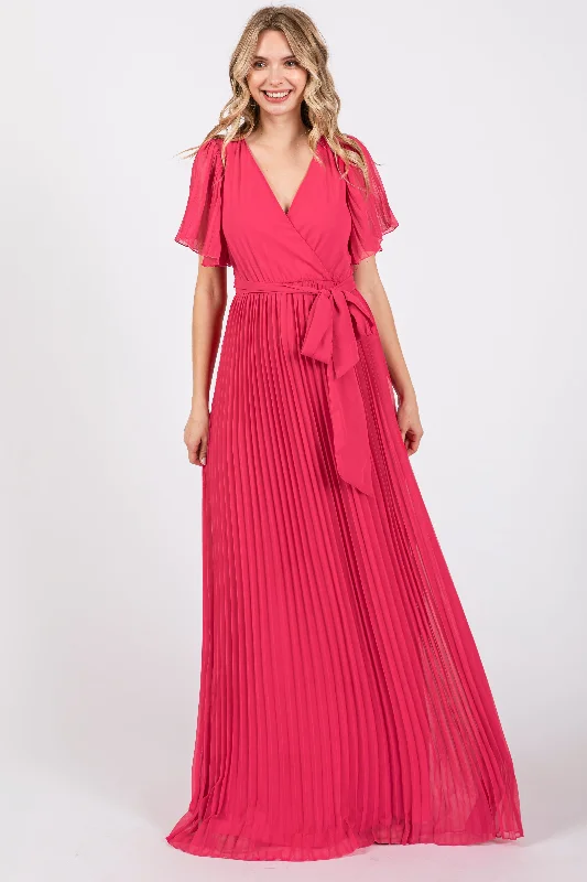 Women's floral dress wink pop -Fuchsia Chiffon Wrap Front V-Neck Short Sleeve Pleated Maxi Dress