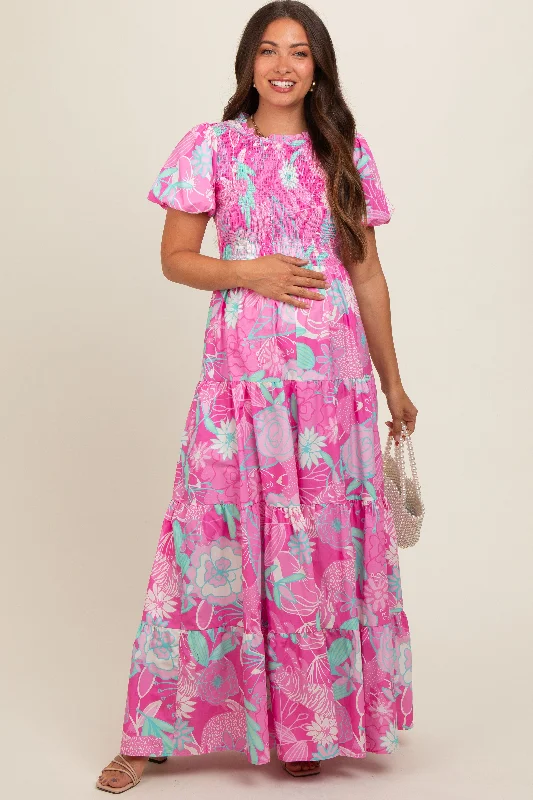 Women's floral dress neat pop -Pink Floral Smocked Short Puff Sleeve Tiered Maternity Maxi Dress