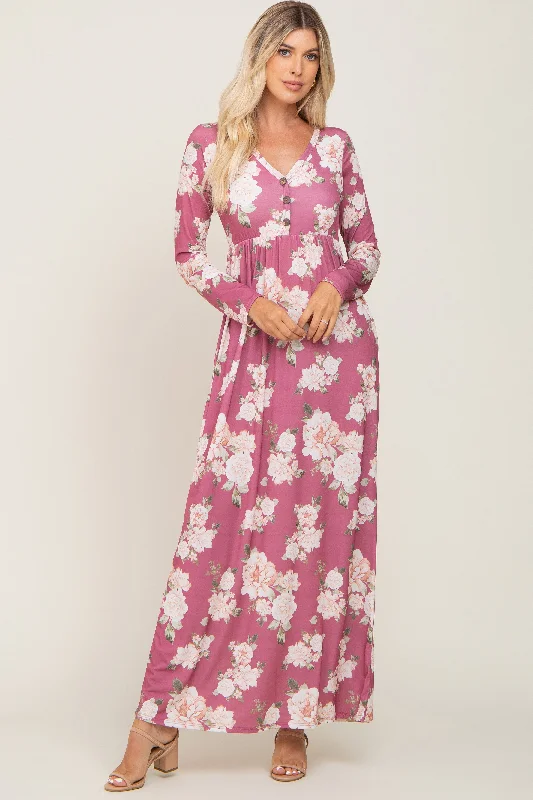 Women's floral dress wild glow -Mauve Floral Button Front Maxi Dress