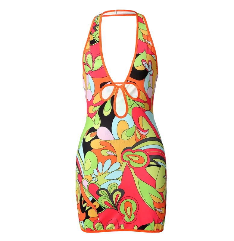 ladies-mini-dress-insta-ignite-Jaded London Multi-coloured Retro Print Plunge Halter Mini Dress UK 10