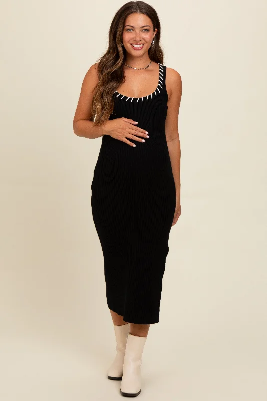 Women's midi dress snug flair -Black Knit Contrast Stitch Detail Maternity Midi Dress