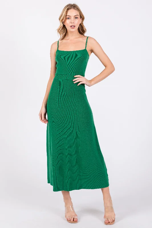 Women's midi dress dot pop -Green Square Neck Sleeveless Sweater Midi Dress