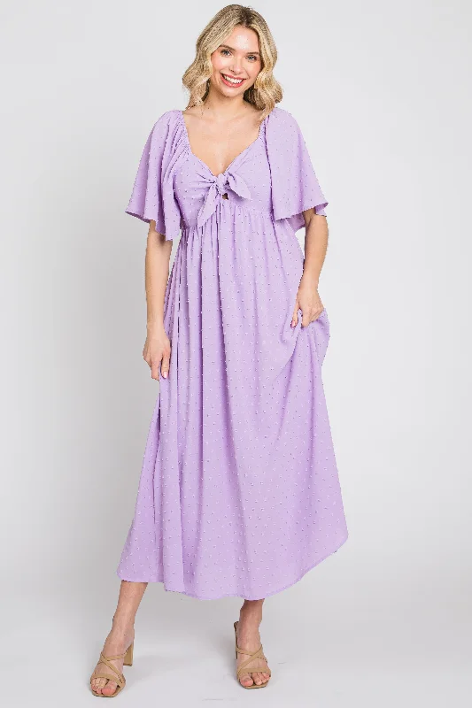 Women's midi dress rare pop -Lavender Textured Dot Front Tie Ruffle Sleeve Midi Dress