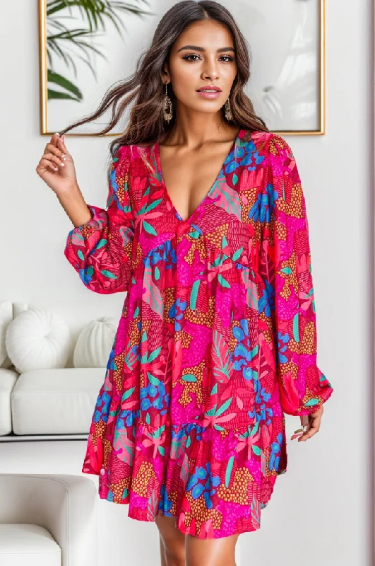 ladies-mini-dress-puff-sleeve-pop-Printed Balloon Sleeve Mini Dress in Deep Rose