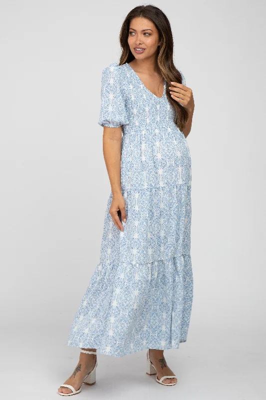 Women's floral dress part glow -Blue Paisley Print Smocked Tiered Maternity Maxi Dress