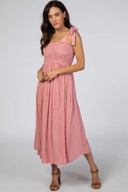 Women's midi dress shine flair -Pink Smocked Tie Strap Midi Dress