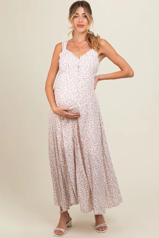 Women's floral dress whirl charm -Lavender Floral Button Down Maternity Maxi Dress