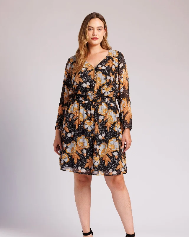 ladies-floral-dress-ruched-rose-Kayla Long Sleeve Floral Dress | J484 BLACK