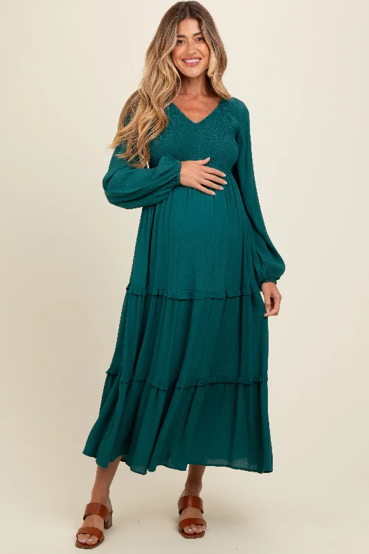 Women's midi dress thread pop -Emerald Smocked Tiered Maternity Midi Dress