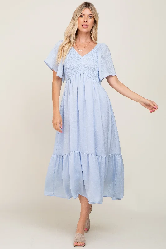 Women's midi dress frill glow -Light Blue Satin Smocked Midi Dress