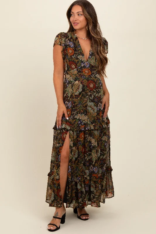 Women's floral dress skip chic -Black Floral Deep V-Neck Tiered Maternity Maxi Dress