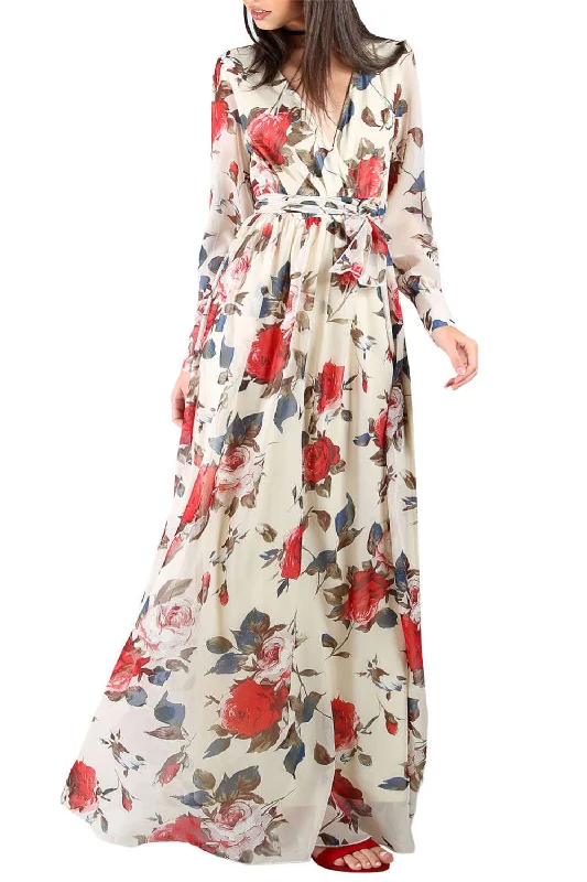 Women's floral dress spin pop -Iyasson Floral Printed V-Neck Long Sleeve Maxi Dress