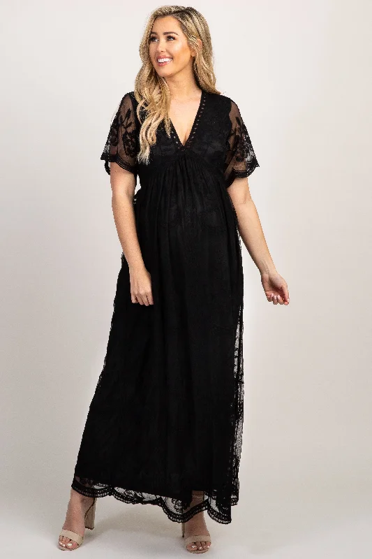 Women's floral dress span chic -PinkBlush Black Lace Mesh Overlay Maternity Maxi Dress