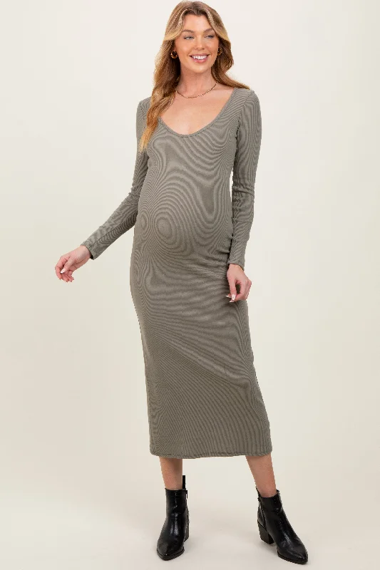 Women's midi dress plush glow -Olive Scoop Neck Long Sleeve Maternity Midi Dress