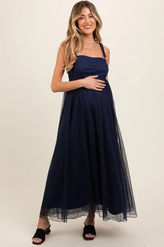 Women's floral dress ray flair -Navy Blue Square Neck Shoulder Tie Tulle Maternity Maxi Dress