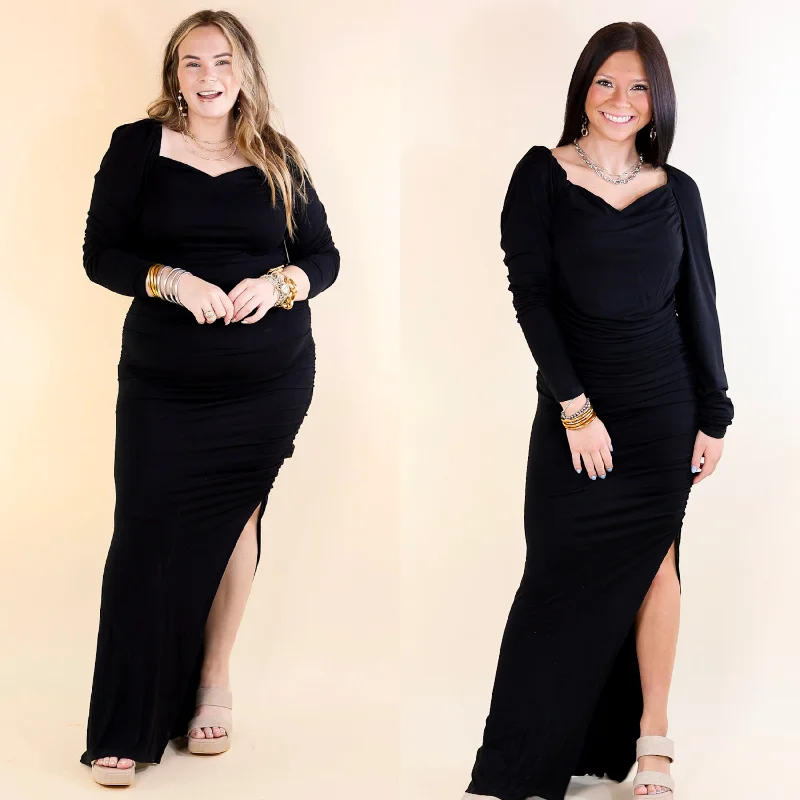 Women's floral dress town glow -Classy Girl Long Sleeve Sweetheart Neckline Maxi Dress in Black