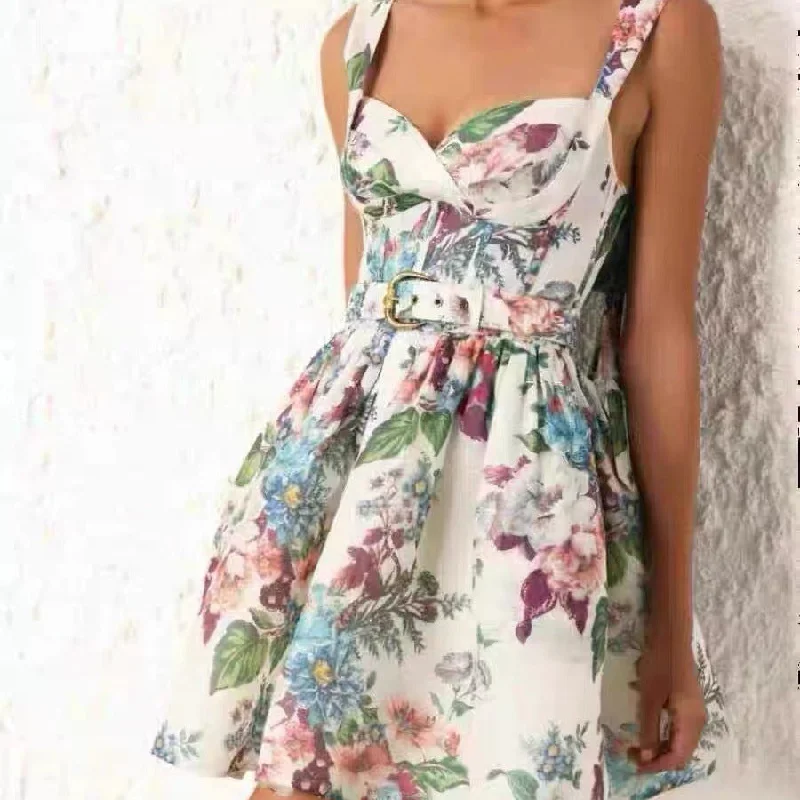 ladies-floral-dress-ecru-essence-Female French Tea Break Floral Strap Dress