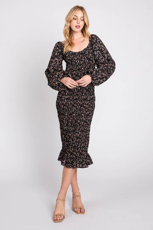 Women's midi dress ochre pop -Black Floral Smocked Fitted Long Sleeve Midi Dress