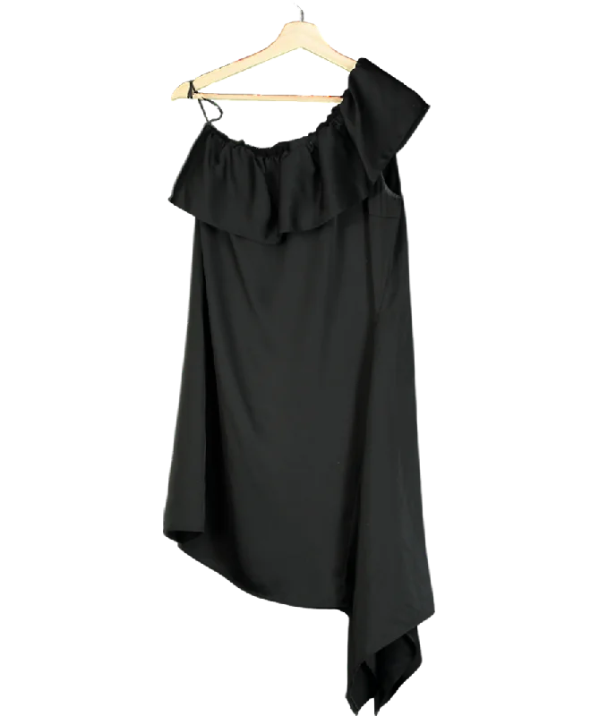 ladies-mini-dress-color-crush-Designers Remix Black Frill One Shoulder Satin Mini Dress UK 6