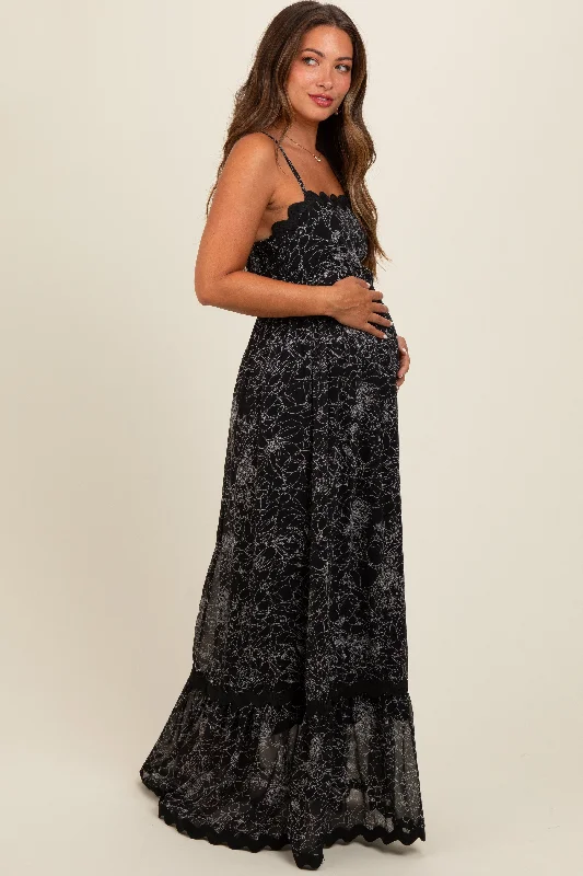 Women's floral dress shine flair -Black Floral Contrast Trim Maternity Maxi Dress