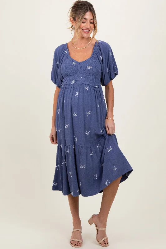 Women's midi dress petal glow -Blue Ribbon Print Smocked Maternity Midi Dress