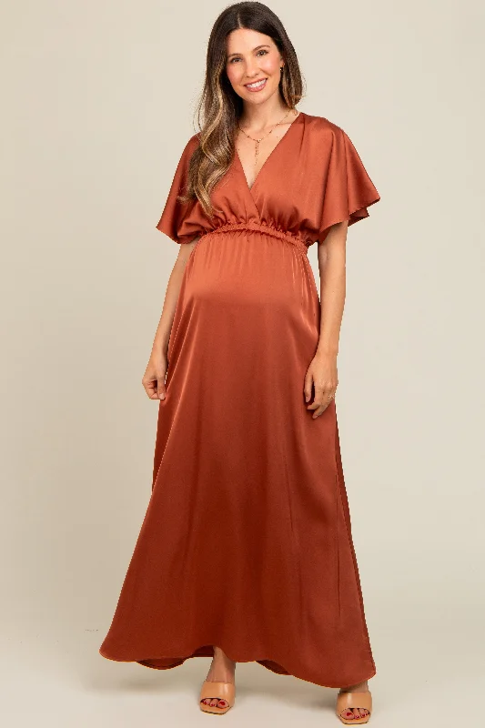 Women's floral dress ray flair -Rust Satin V-Neck Flutter Short Sleeve Maternity Maxi Dress