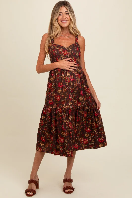 Women's midi dress mama flair -Brown Floral Sweetheart Neck Button Down Maternity Midi Dress