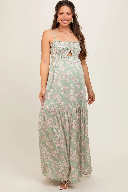 Women's floral dress 70s pop -Light Olive Floral Sweetheart Smocked Front Cutout Maternity Maxi Dress