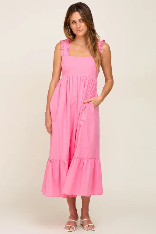 Women's midi dress flare flair -Pink Ruffle Accent Back Tie Midi Dress