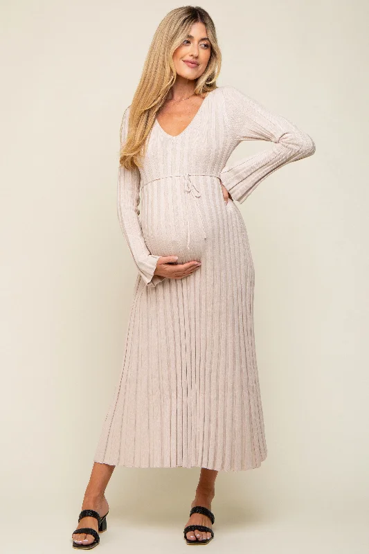 Women's floral dress last chic -Taupe Ribbed Maternity Knit Maxi Dress