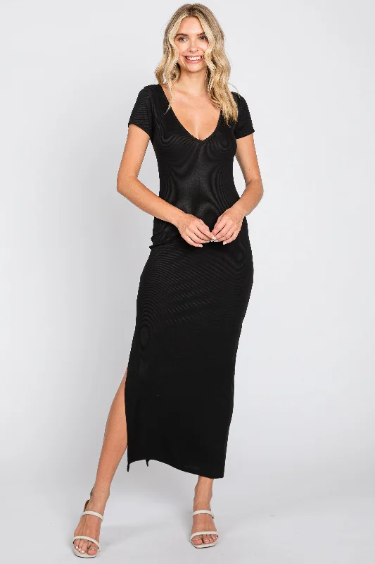 Women's midi dress spin flair -Black Basic Ribbed Side Slit Midi Dress