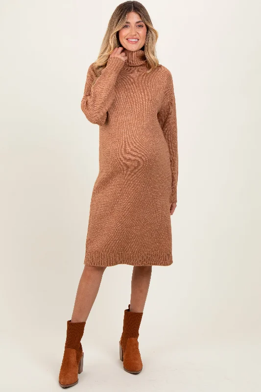 Women's midi dress fam chic -Camel Turtleneck Side Slit Maternity Midi Sweater Dress